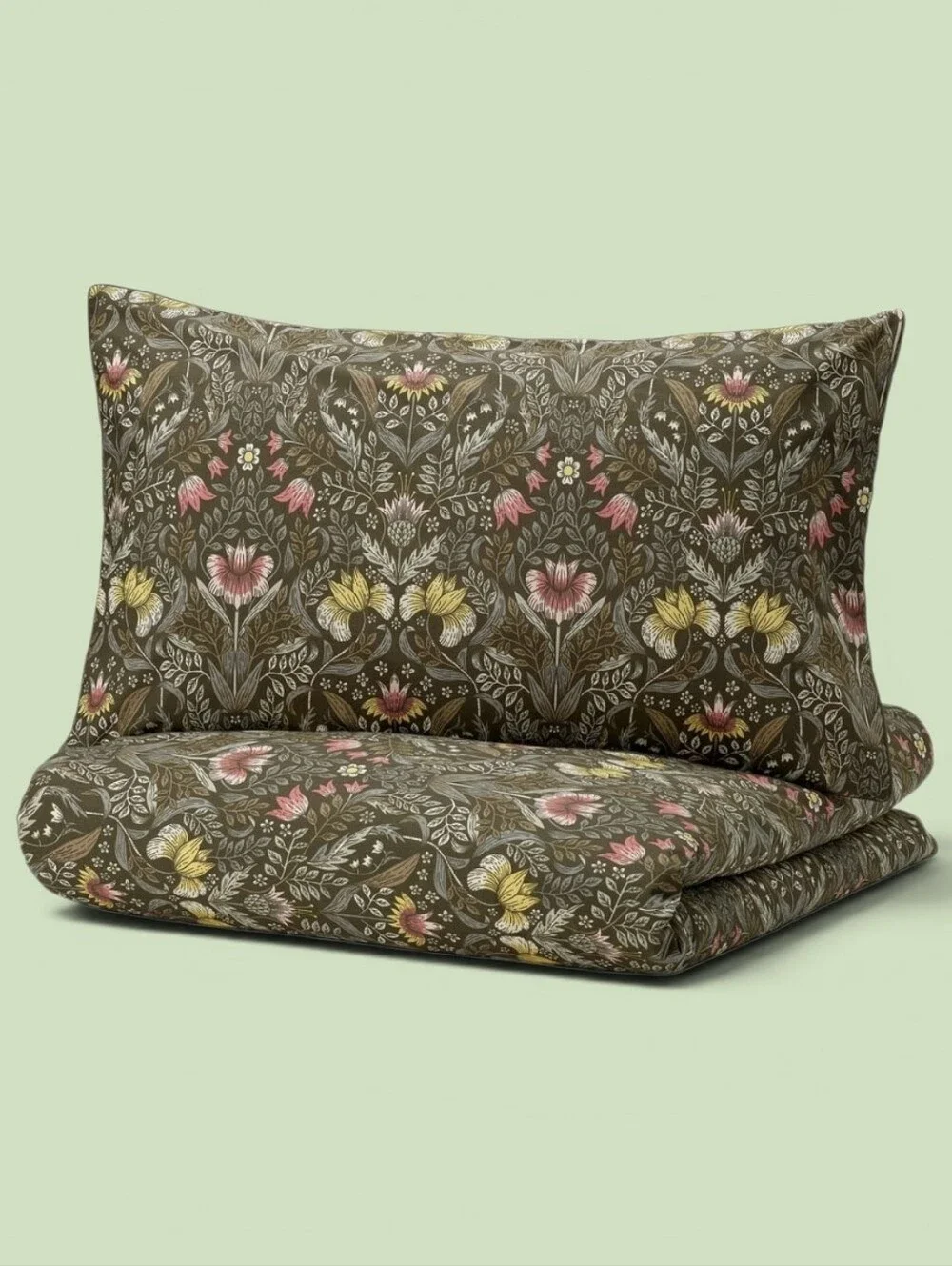 Floral Garden Dark Green Duvet Cover Set - Full/Queen
